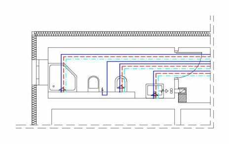Rys. 03. Rozprowadzenie przewodów instalacji wodociągowej w systemie rozdzielaczowym.